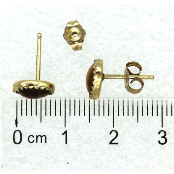 925 STERLING Southwest minimalist tigers eye gold filled EARRINGS vintage 9mm - Picture 6 of 8